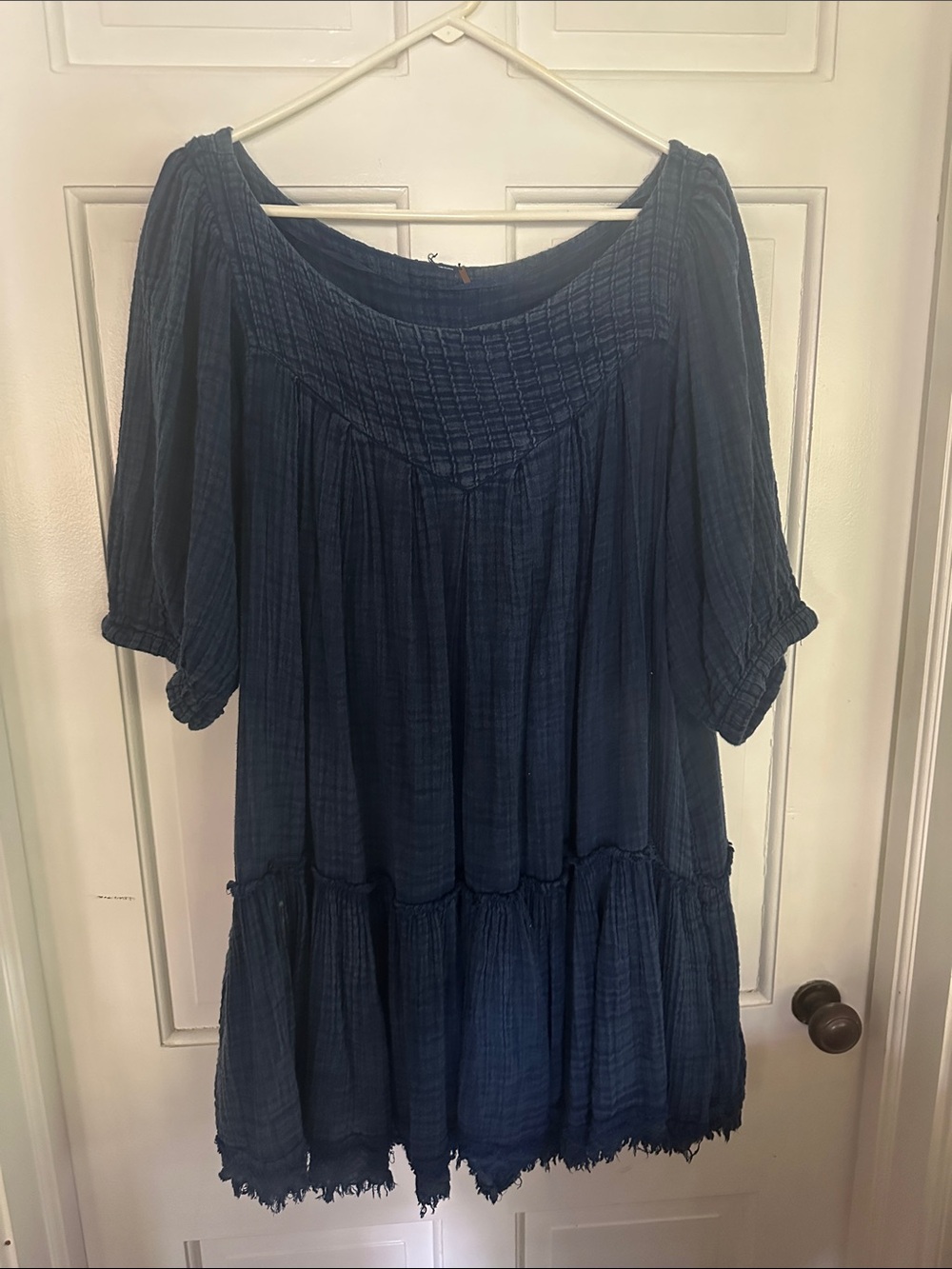 Free People Mystery Land Mini Tunic Dress‎ Indigo Blue Fringe Hem Flowy Boho Med